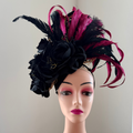 Black Roses on Gold Net with Magenta & Black Feathers ~ "Lacroix"