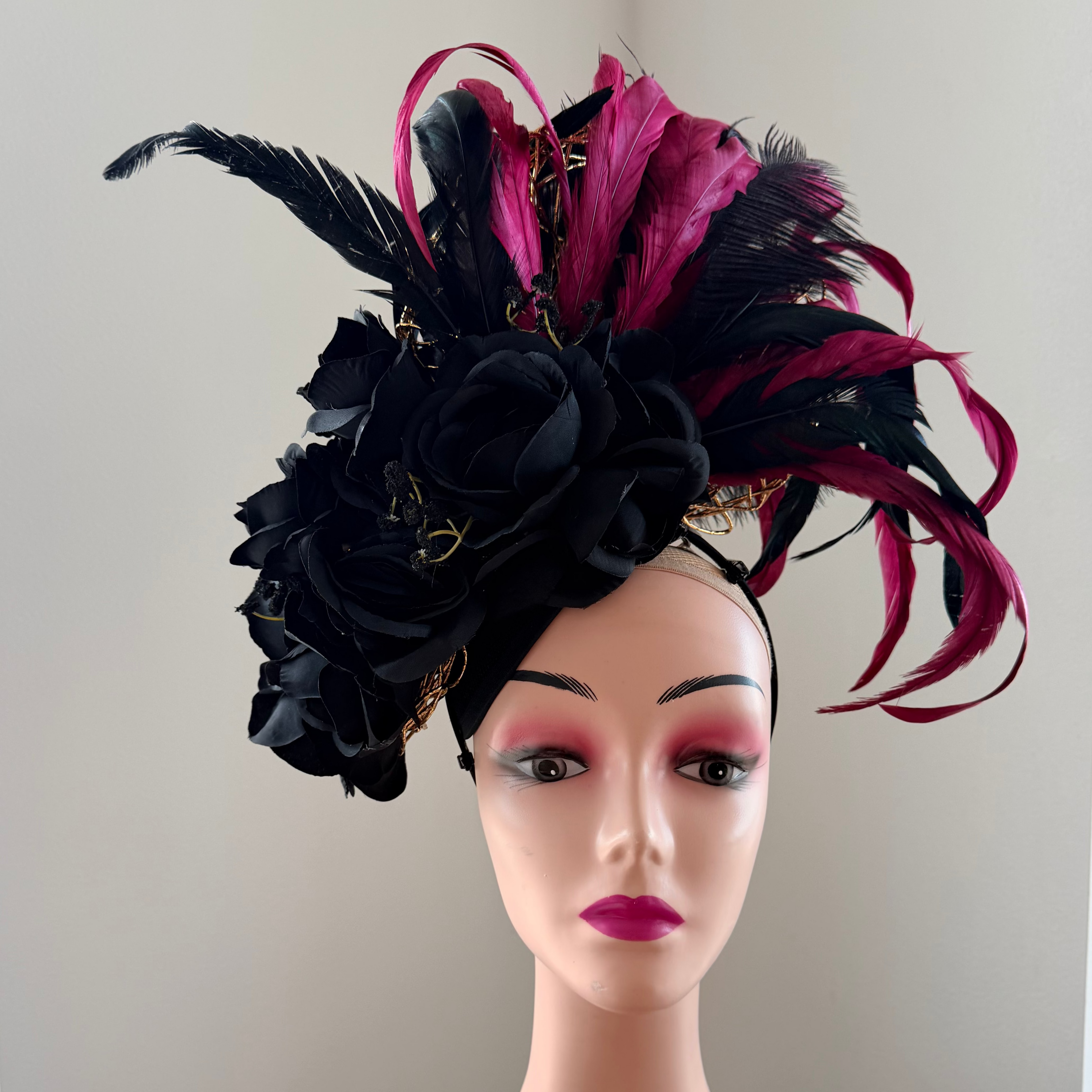 Black Roses on Gold Net with Magenta & Black Feathers ~ "Lacroix"